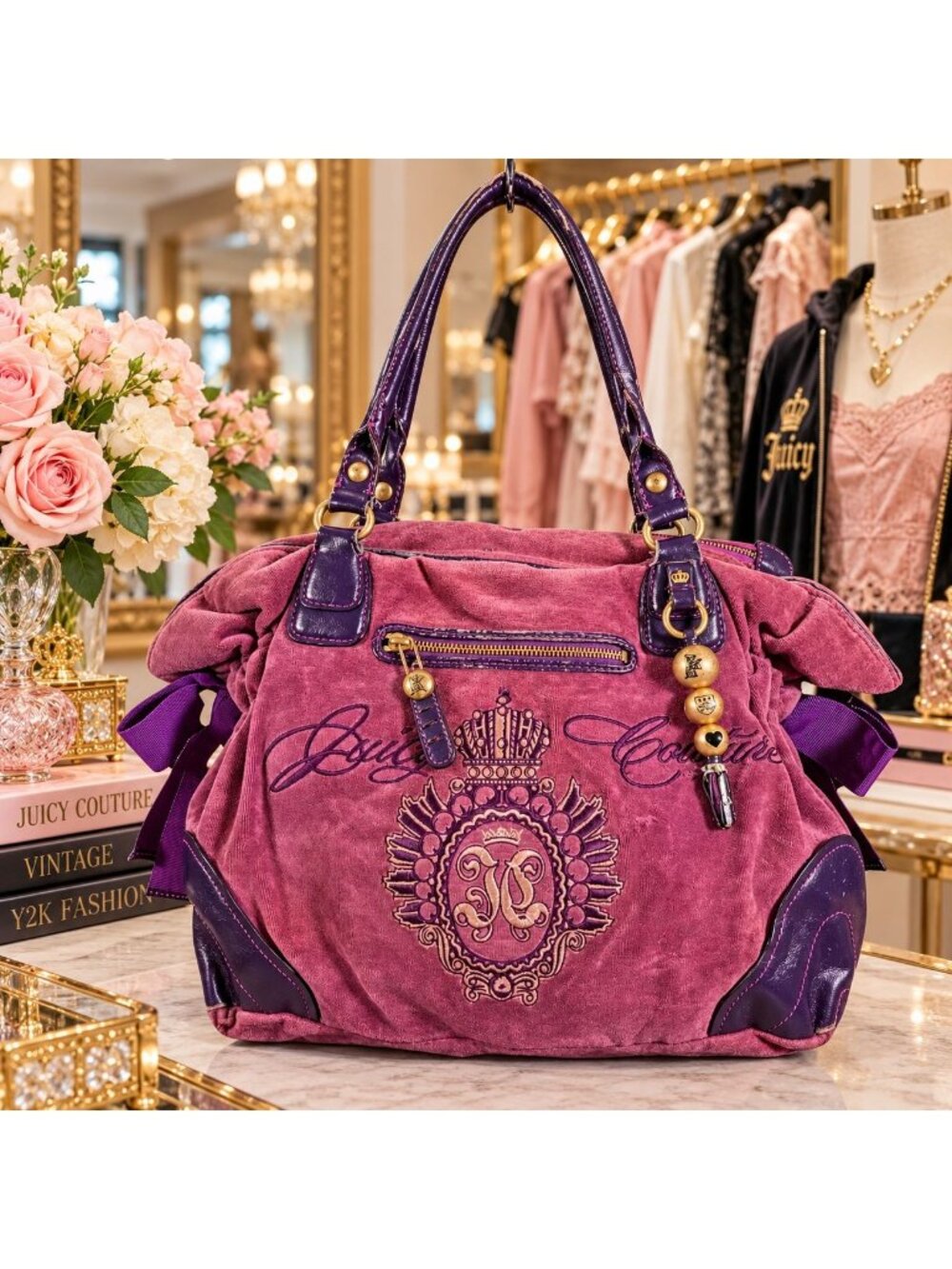 Vintage Y2K Juicy Couture Daydreamer Velour Shoulder bag Velvet Purple Burgundy